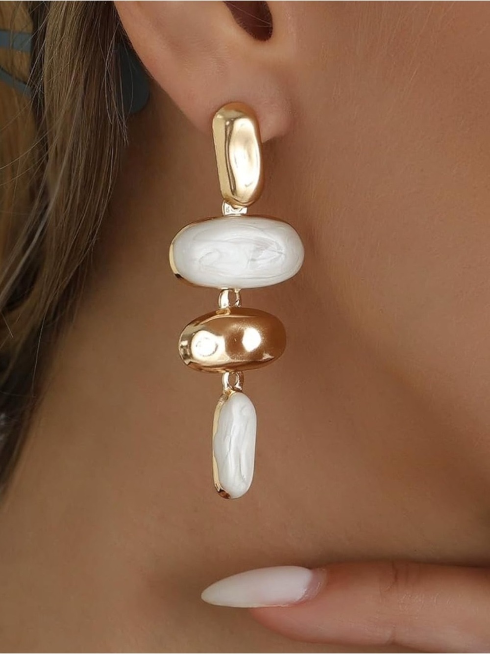 Geometric Gold and White Drop Earrings